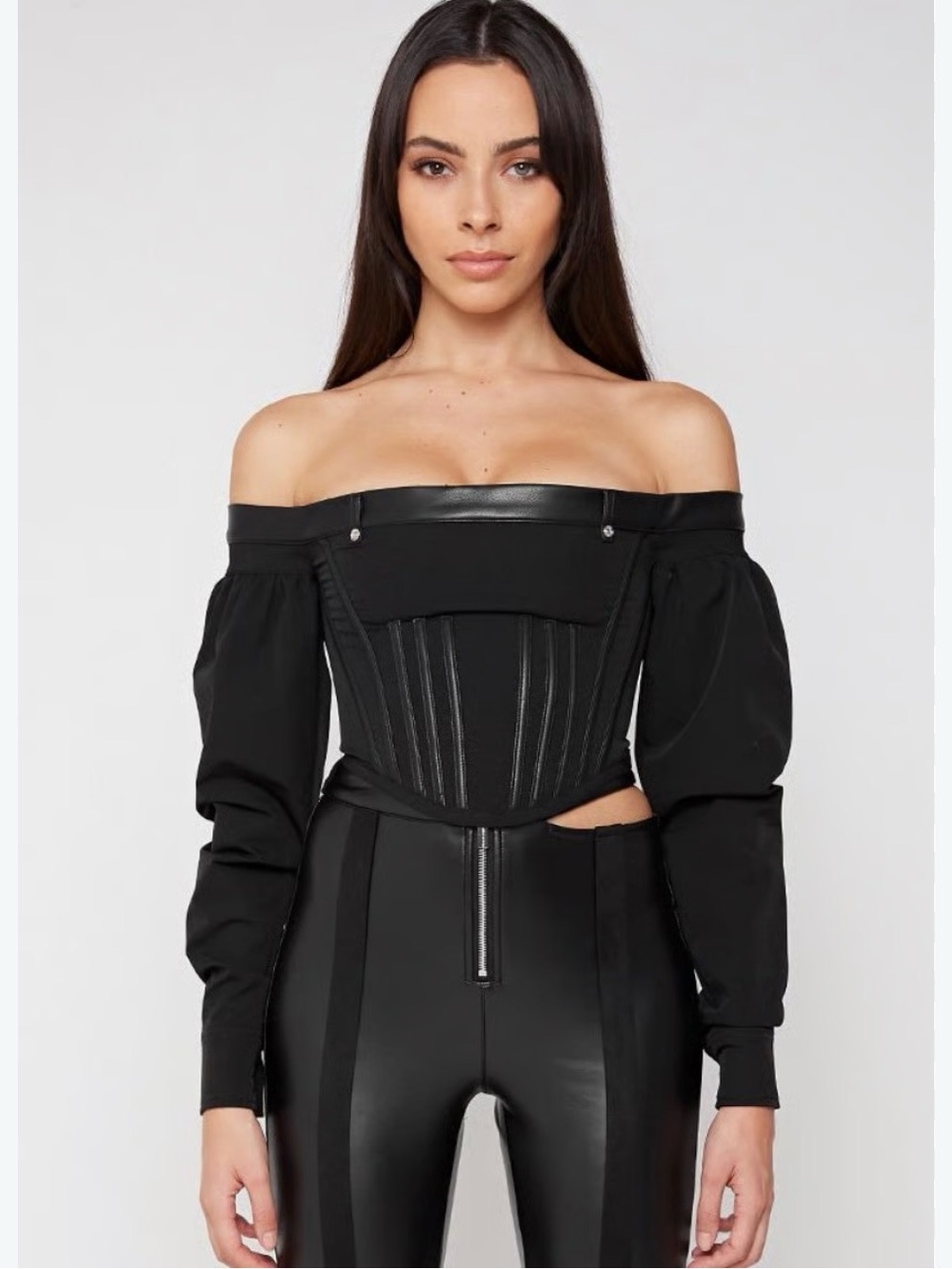 Maniere De Voir Black Off-Shoulder Corset Crop Top